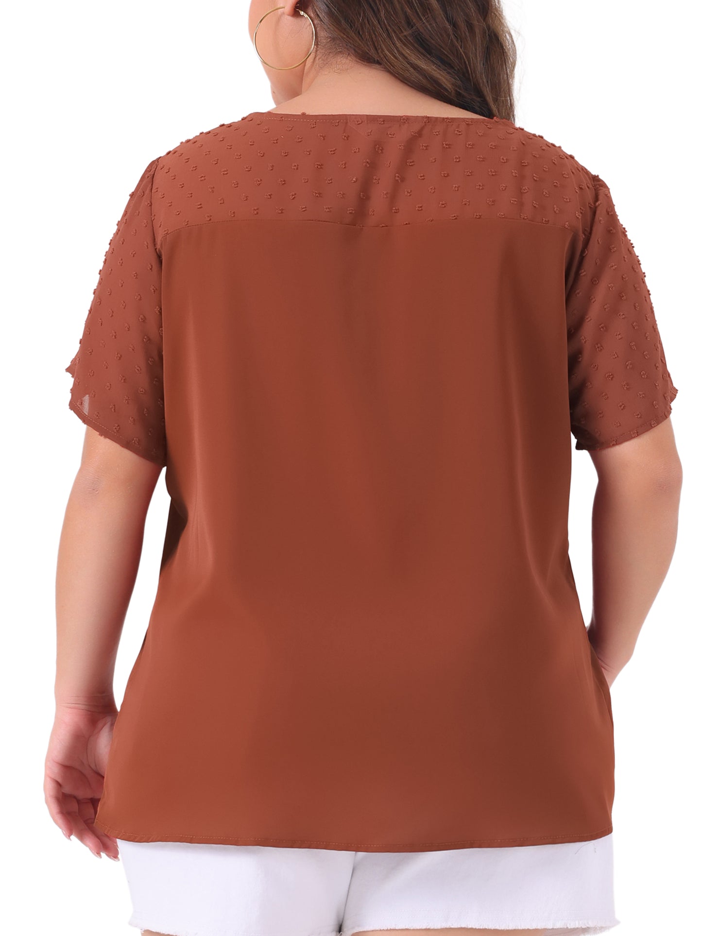 Women's Plus Size Round Neck Short Sleeves Polka Dots Lace Panel Summer Blouse