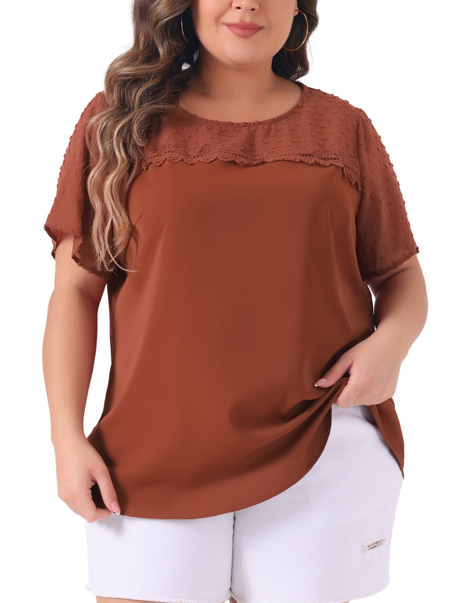 Women's Plus Size Round Neck Short Sleeves Polka Dots Lace Panel Summer Blouse