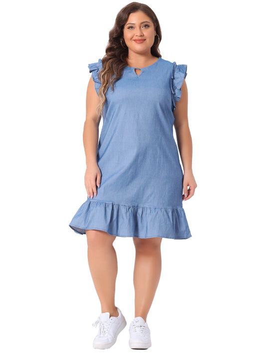 Women's Plus Size Summer Dresses Ruffle Hem Flared Short Sleeve V Neck Chambray Dress