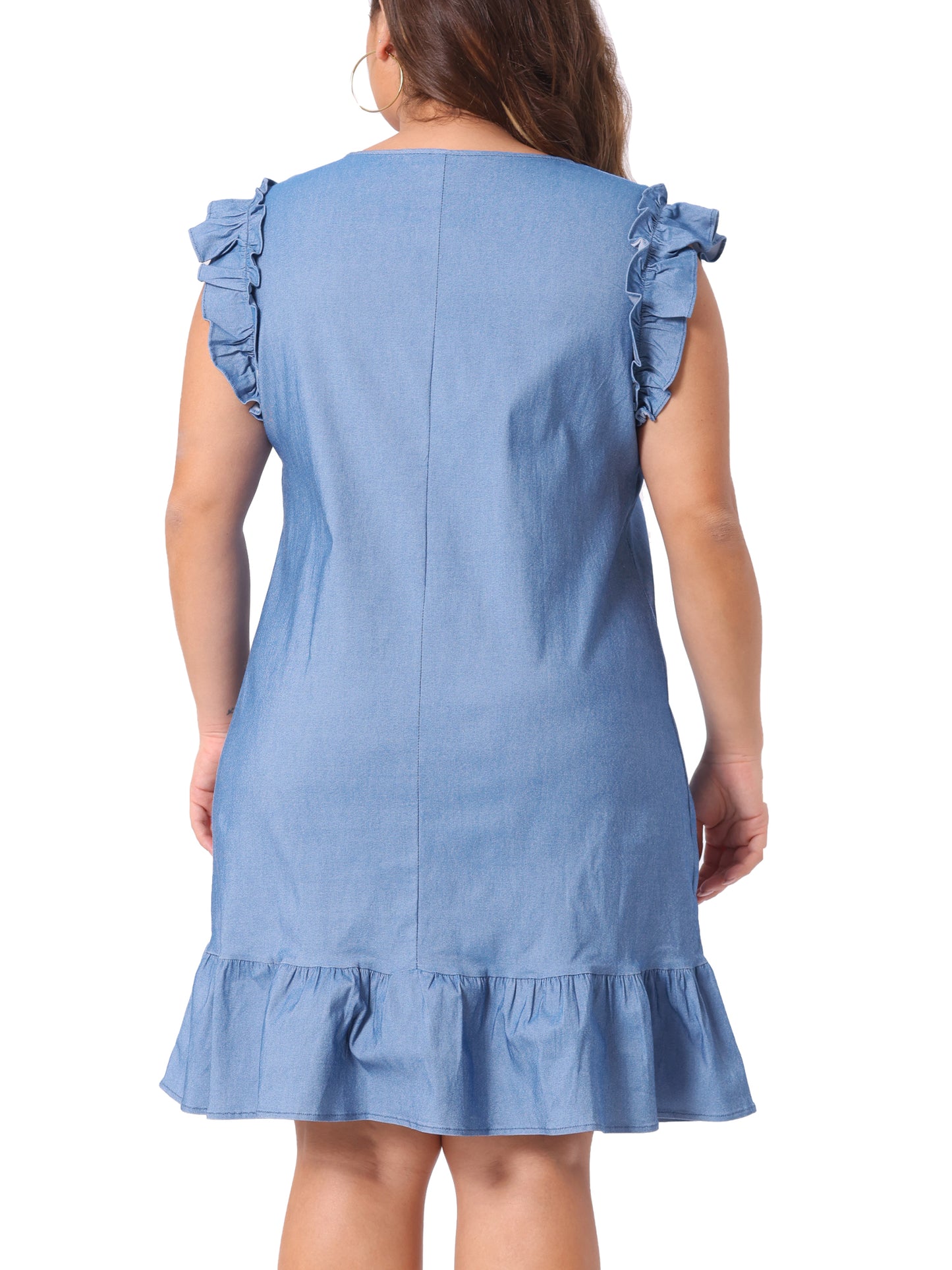 Women's Plus Size Summer Dresses Ruffle Hem Flared Short Sleeve V Neck Chambray Dress