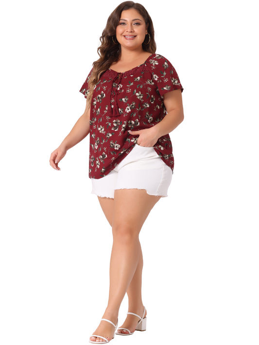 Women Plus Size Blouse Short Sleeve Tie Neck Floral Print Casual Top
