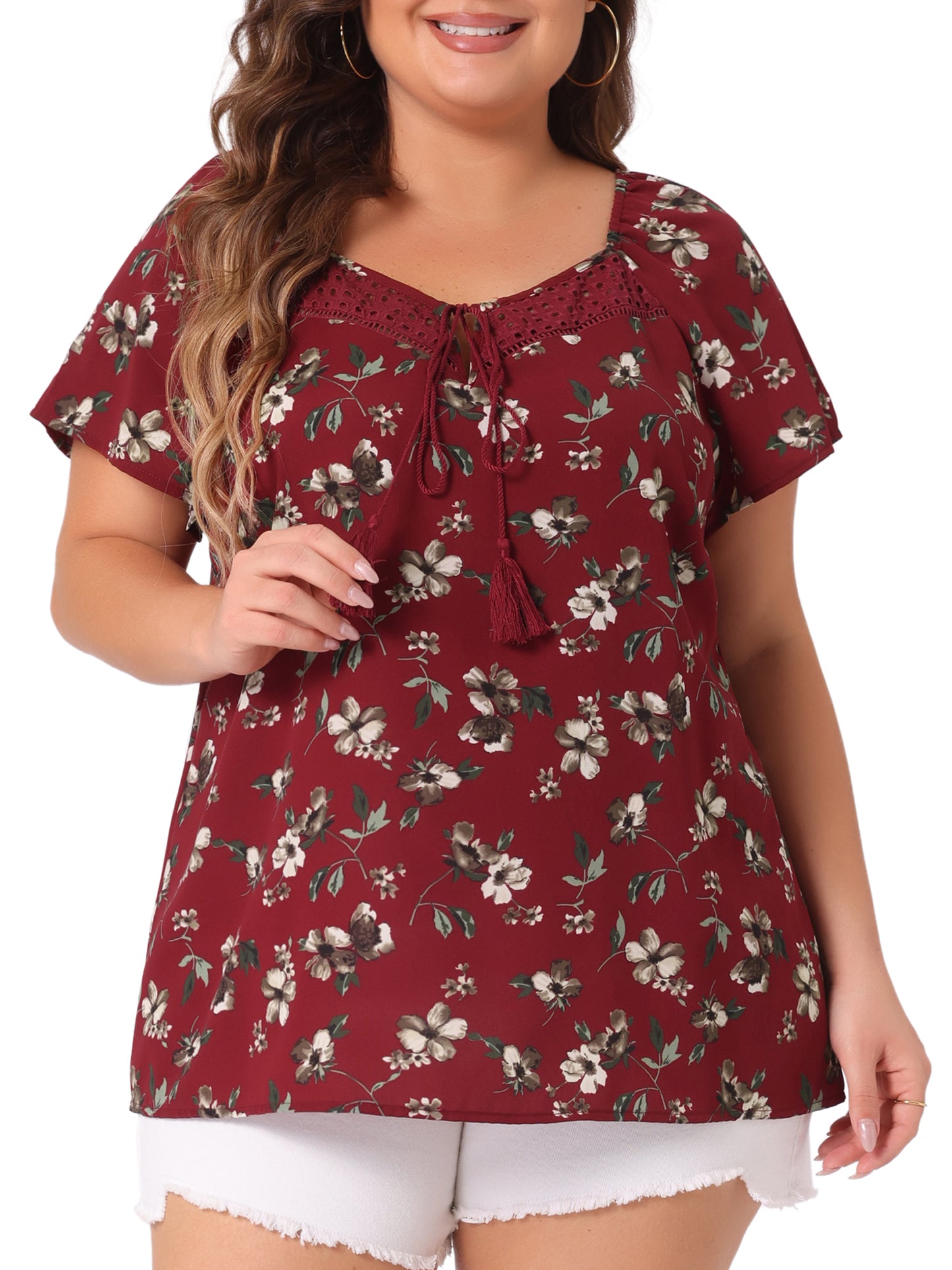 Women Plus Size Blouse Short Sleeve Tie Neck Floral Print Casual Top