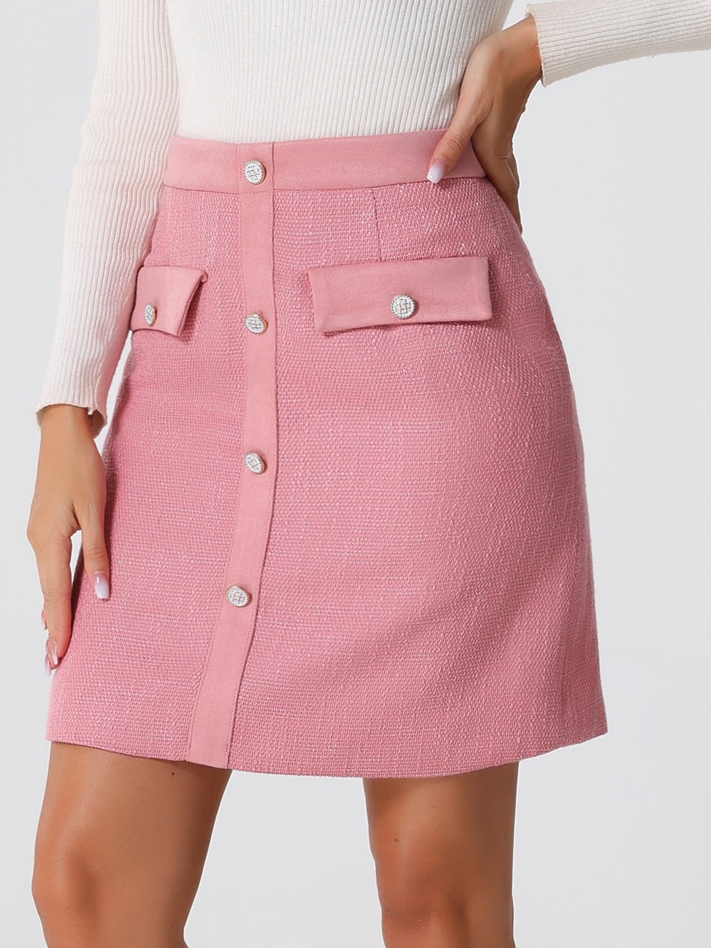 Minifalda de oficina elegante y ajustada con cintura alta y botones decorados de tweed para mujer