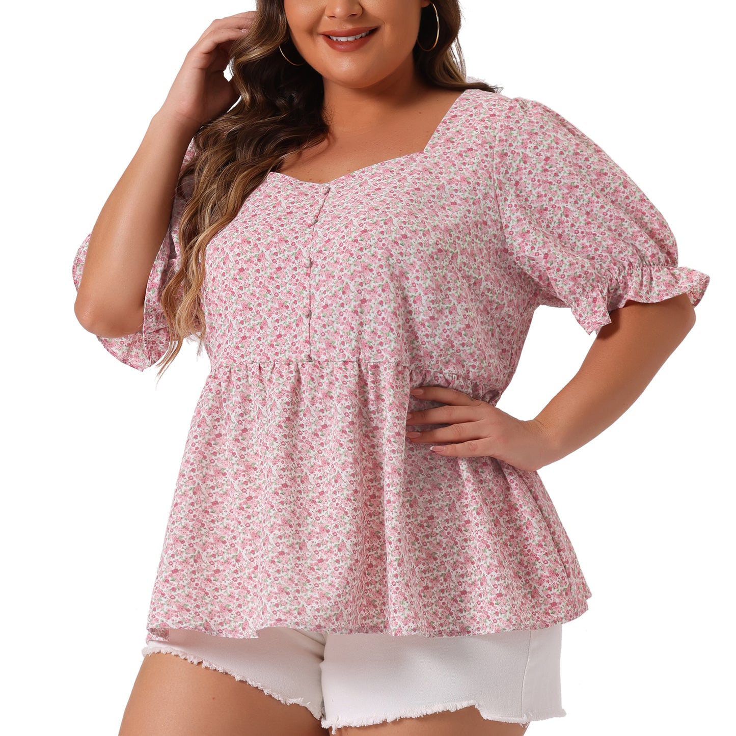 Women Plus Size Blouse Sweetheart Neck Floral Peplum Top