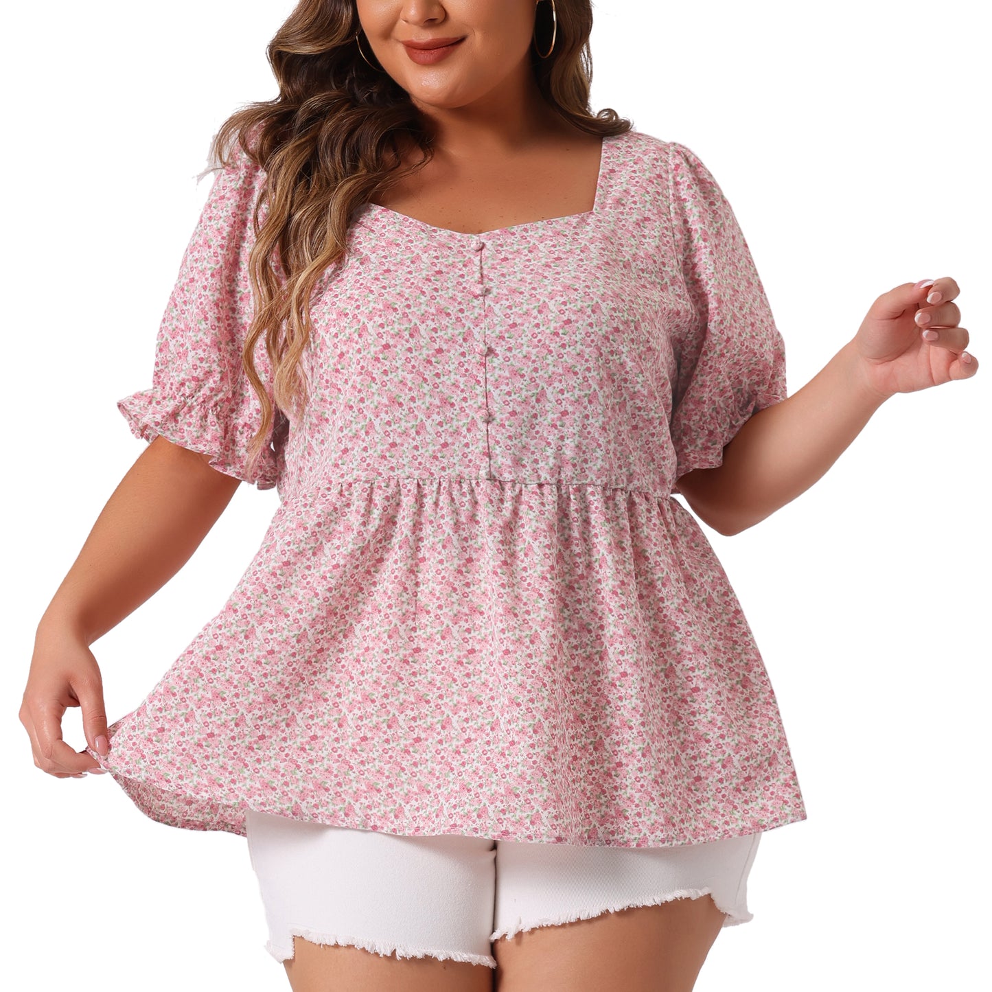 Women Plus Size Blouse Sweetheart Neck Floral Peplum Top