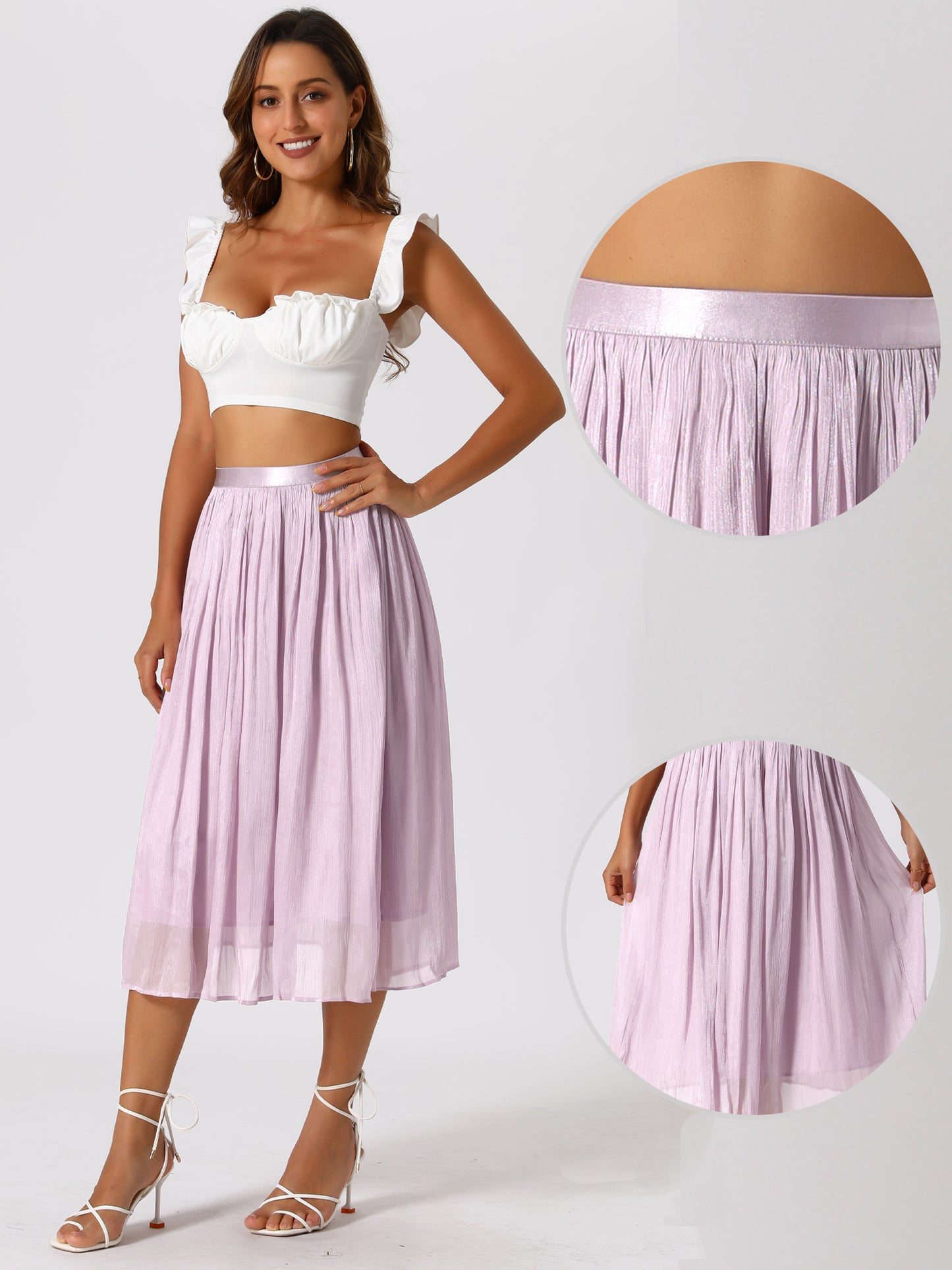 Women's High Elastic Waist Skirt A-Line Swing Pleated Midi Skirt