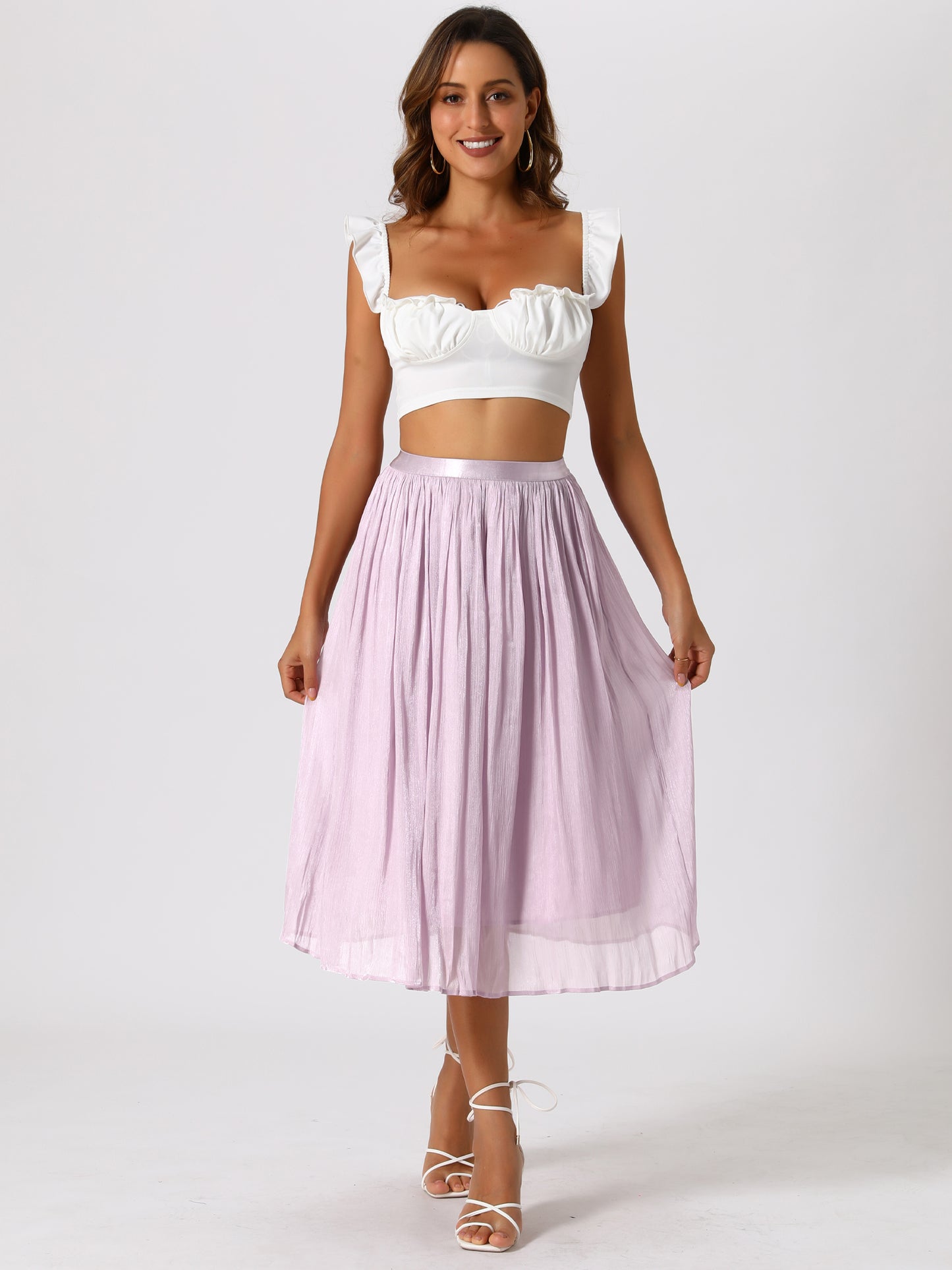 Women's High Elastic Waist Skirt A-Line Swing Pleated Midi Skirt