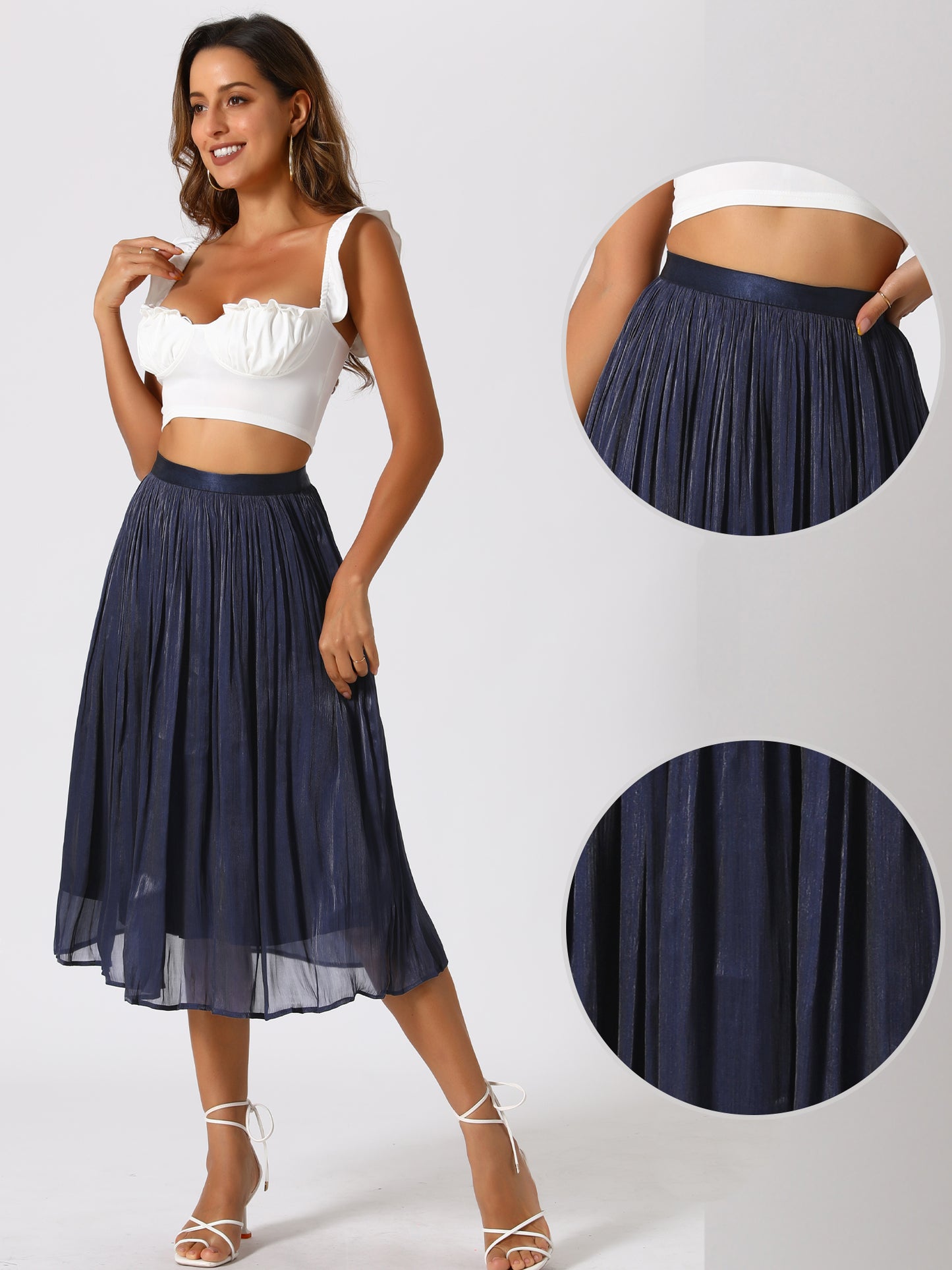 Women's High Elastic Waist Skirt A-Line Swing Pleated Midi Skirt