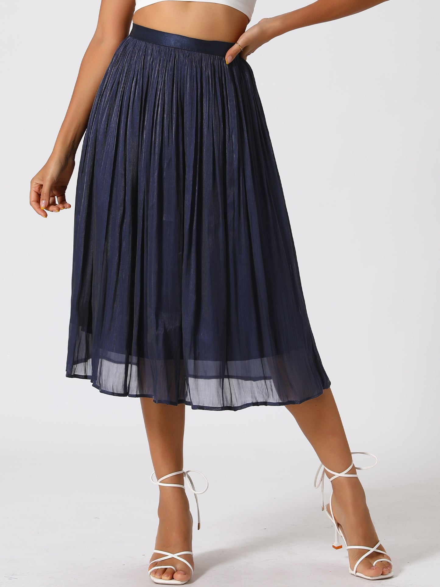 Women's High Elastic Waist Skirt A-Line Swing Pleated Midi Skirt