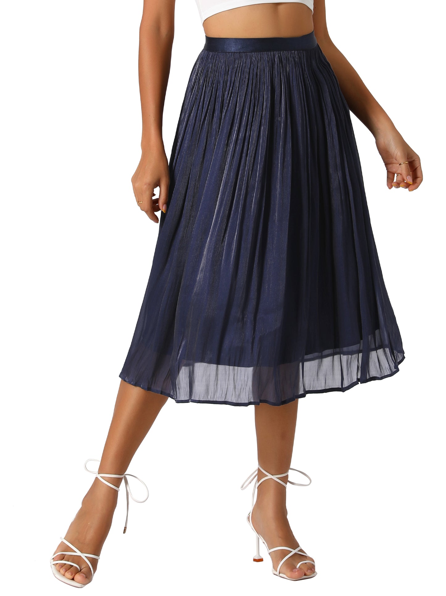 Women's High Elastic Waist Skirt A-Line Swing Pleated Midi Skirt