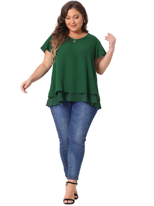 Women's Plus Size Summer Ruffle Short Sleeves V Neck Double Layered Hem Chiffon Blouse