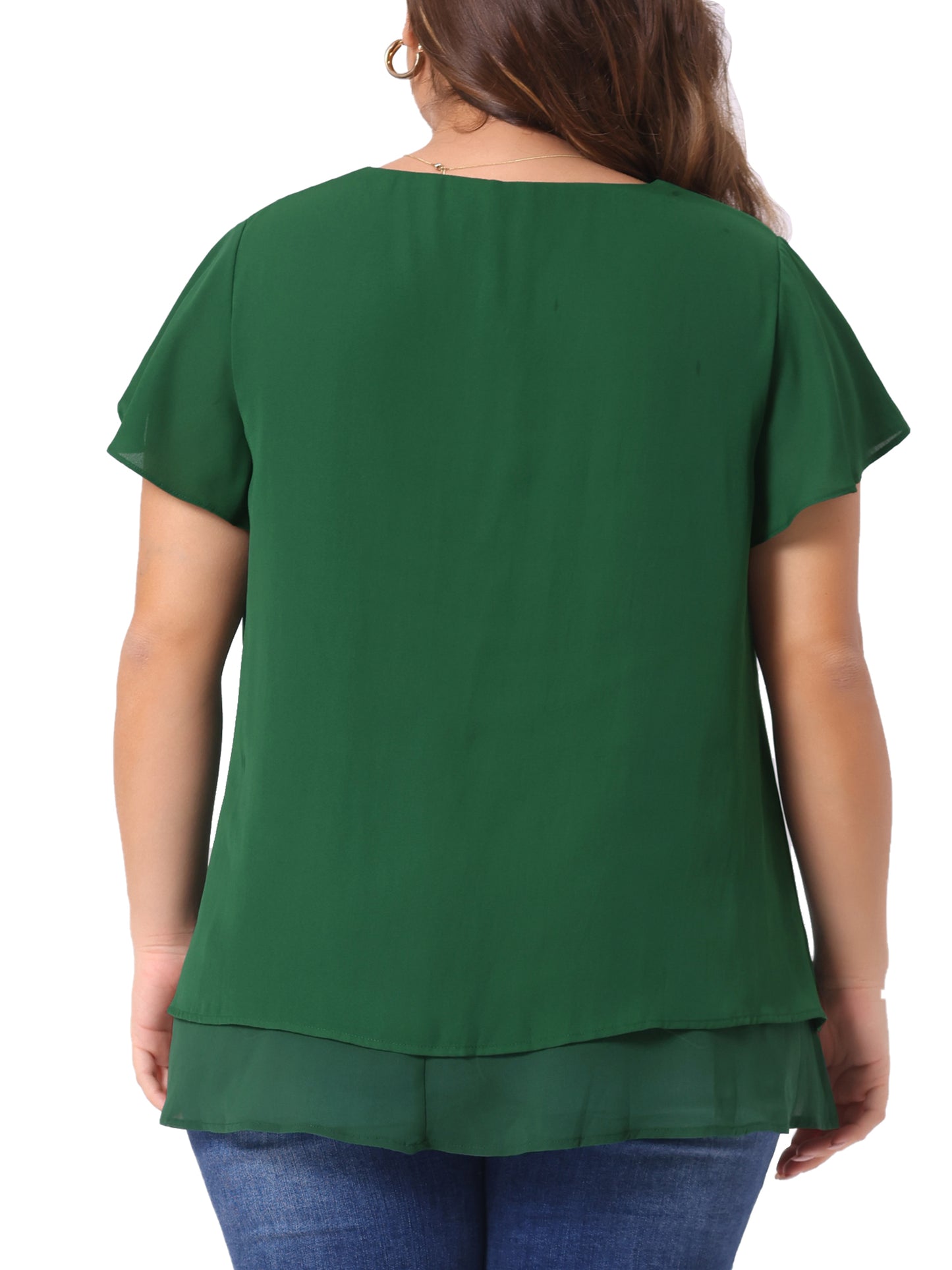 Women's Plus Size Summer Ruffle Short Sleeves V Neck Double Layered Hem Chiffon Blouse