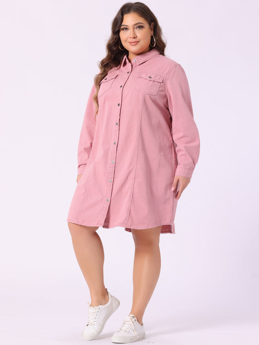 Women's Plus Size Denim Dress Midi Jean Shirt Button Down Long Sleeves Jeans Dress