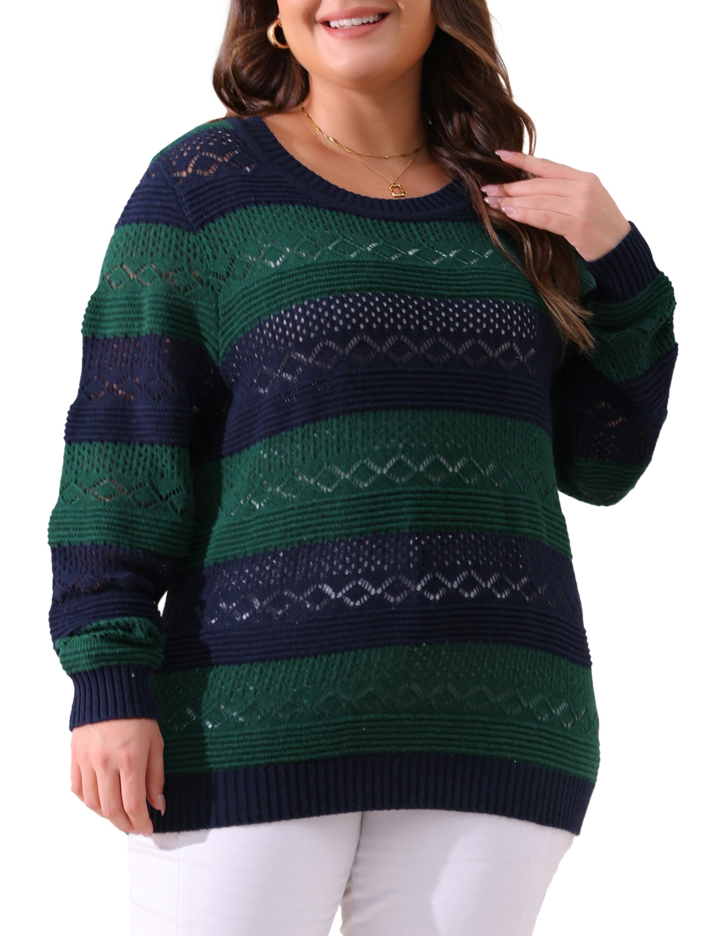 Women Plus Size Sweaters Casual Long Sleeve Crewneck Lightweight Hollow Knit Pullover Tops