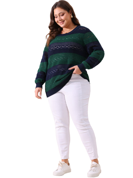 Women Plus Size Sweaters Casual Long Sleeve Crewneck Lightweight Hollow Knit Pullover Tops