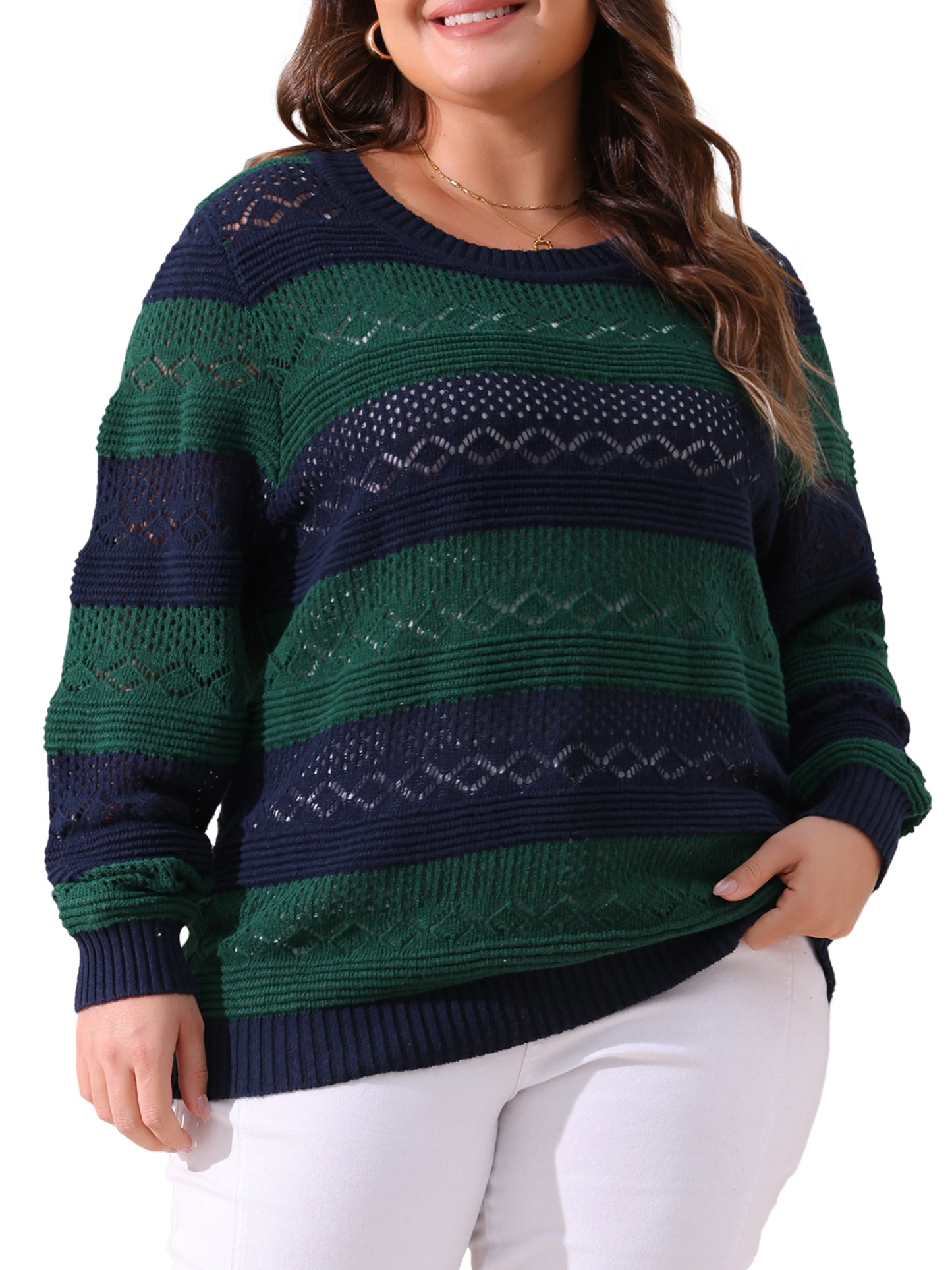 Women Plus Size Sweaters Casual Long Sleeve Crewneck Lightweight Hollow Knit Pullover Tops