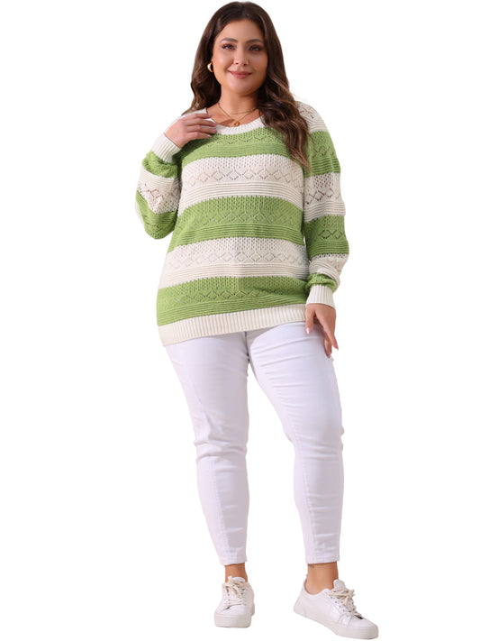 Women Plus Size Sweaters Casual Long Sleeve Crewneck Lightweight Hollow Knit Pullover Tops