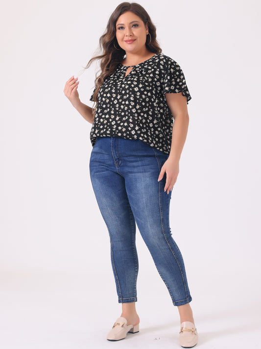 Women's Plus Size Blouses Summer Ruffle Short Sleeve Shirts Keyhole Chiffon Top