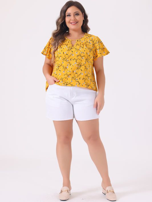 Women's Plus Size Blouses Summer Ruffle Short Sleeve Shirts Keyhole Chiffon Top