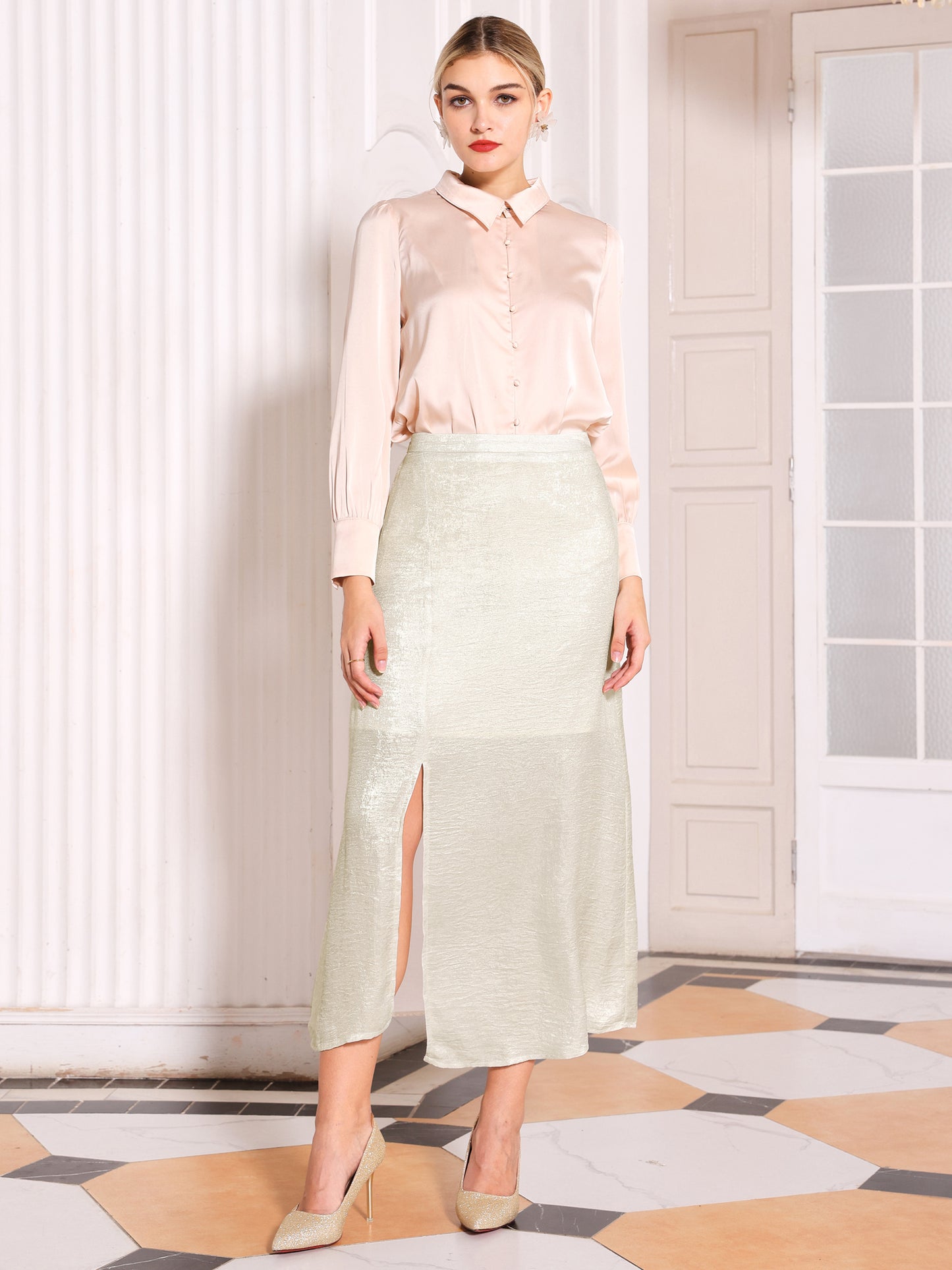 Women's Spilt High Waist Shiny Shimmer Cocktail Midi Skirts