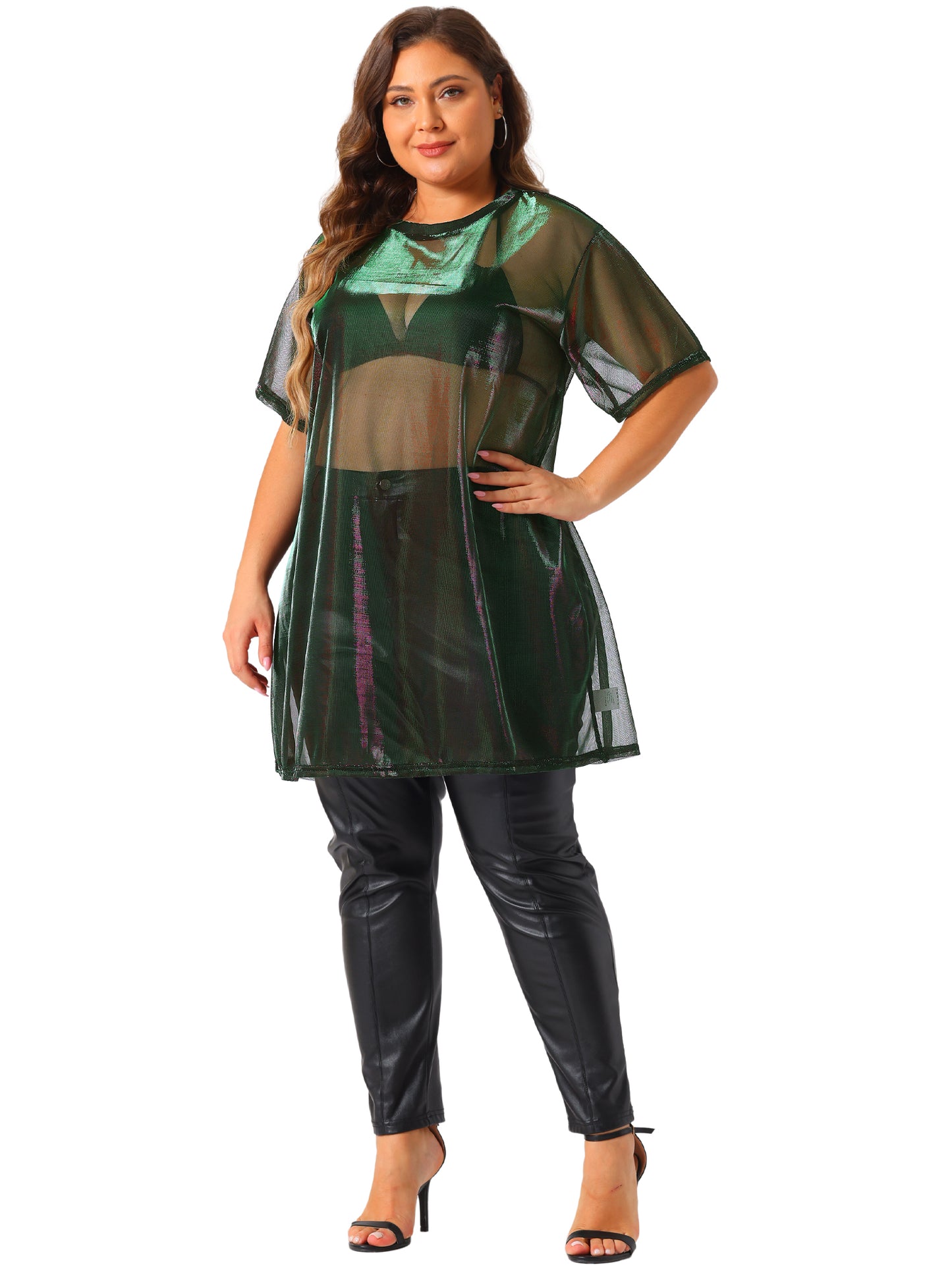 Women Plus Size Sheer Mesh Tops See Through Sexy Holographic Party Long Tee