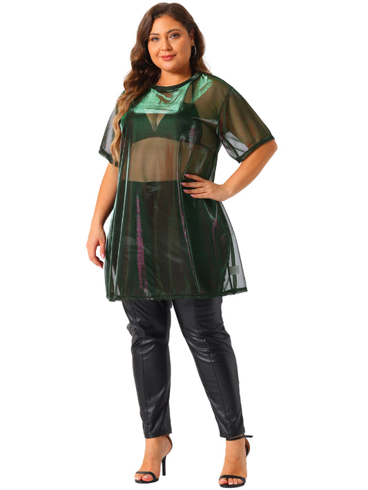 Women Plus Size Sheer Mesh Tops See Through Sexy Holographic Party Long Tee