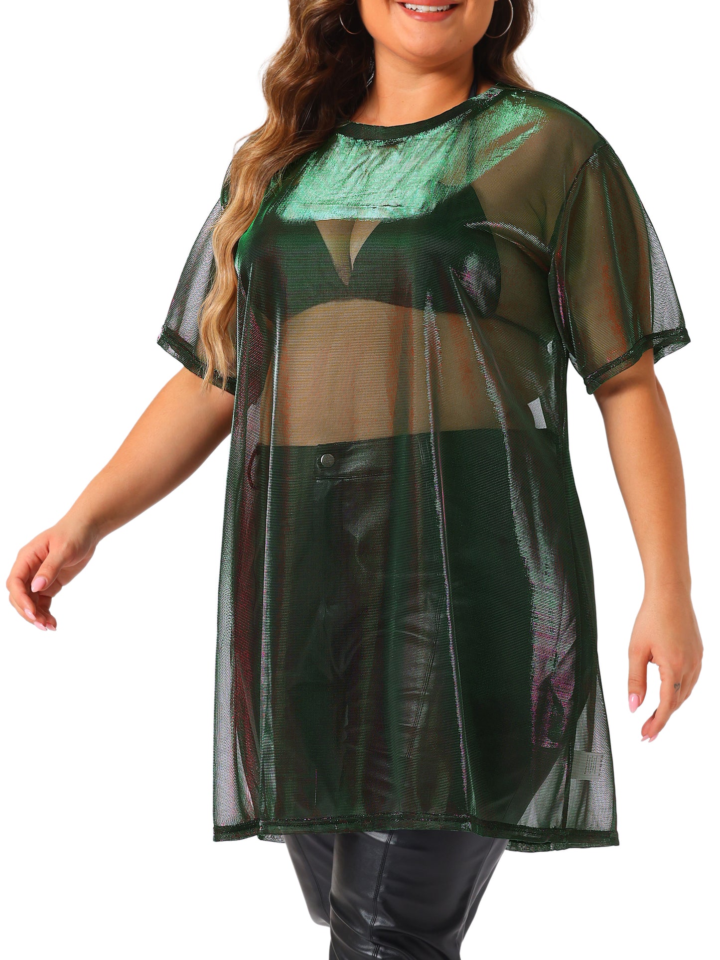 Women Plus Size Sheer Mesh Tops See Through Sexy Holographic Party Long Tee