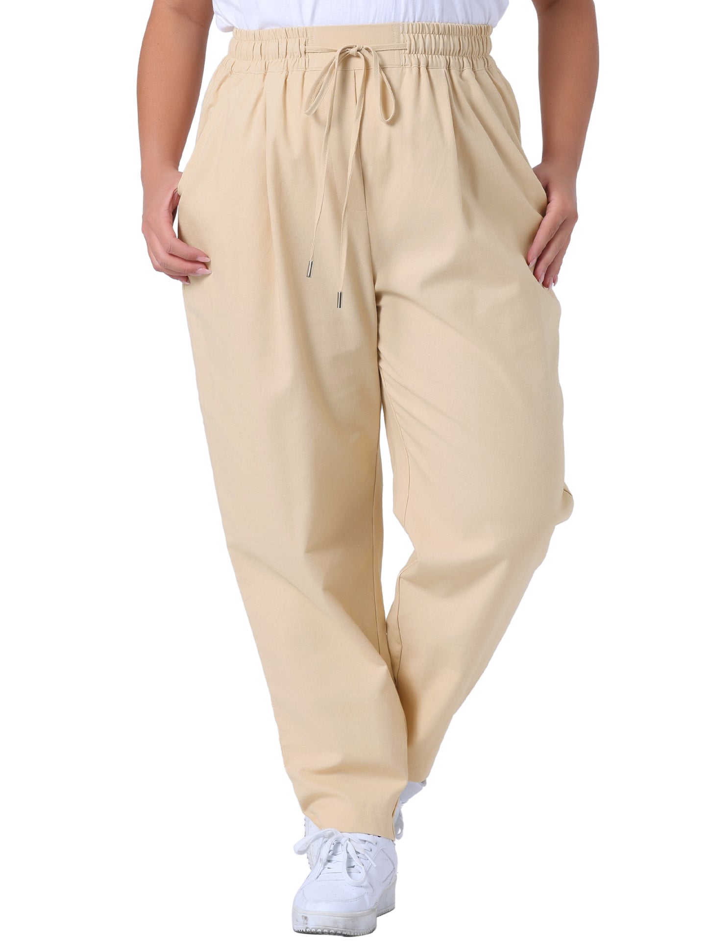 Women Plus Size Pants Straight Leg Drawstring Elastic Work Loose Trousers with Pockets