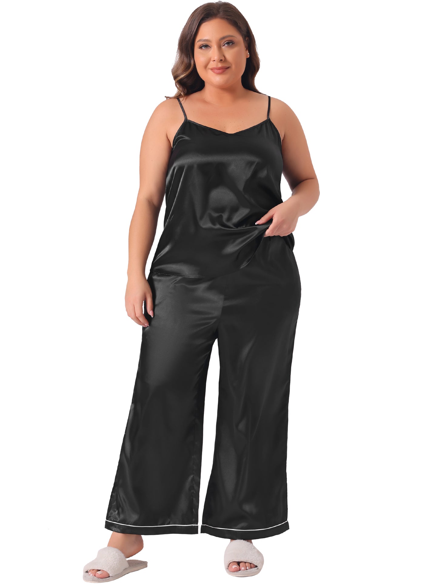 Women Plus Size Satin Pajama Sets Sleepwear 2 Piece Cami Top and Pants with Pockets