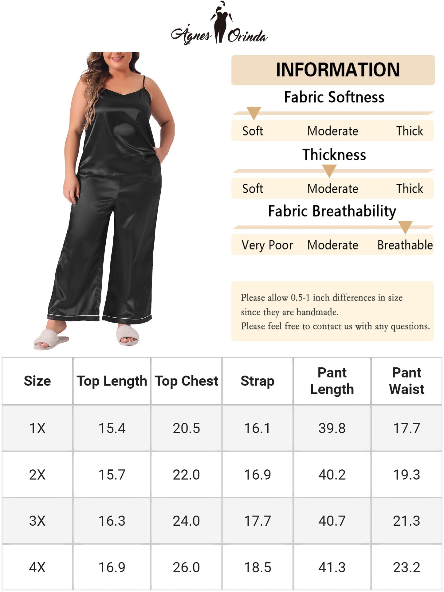 Women Plus Size Satin Pajama Sets Sleepwear 2 Piece Cami Top and Pants with Pockets