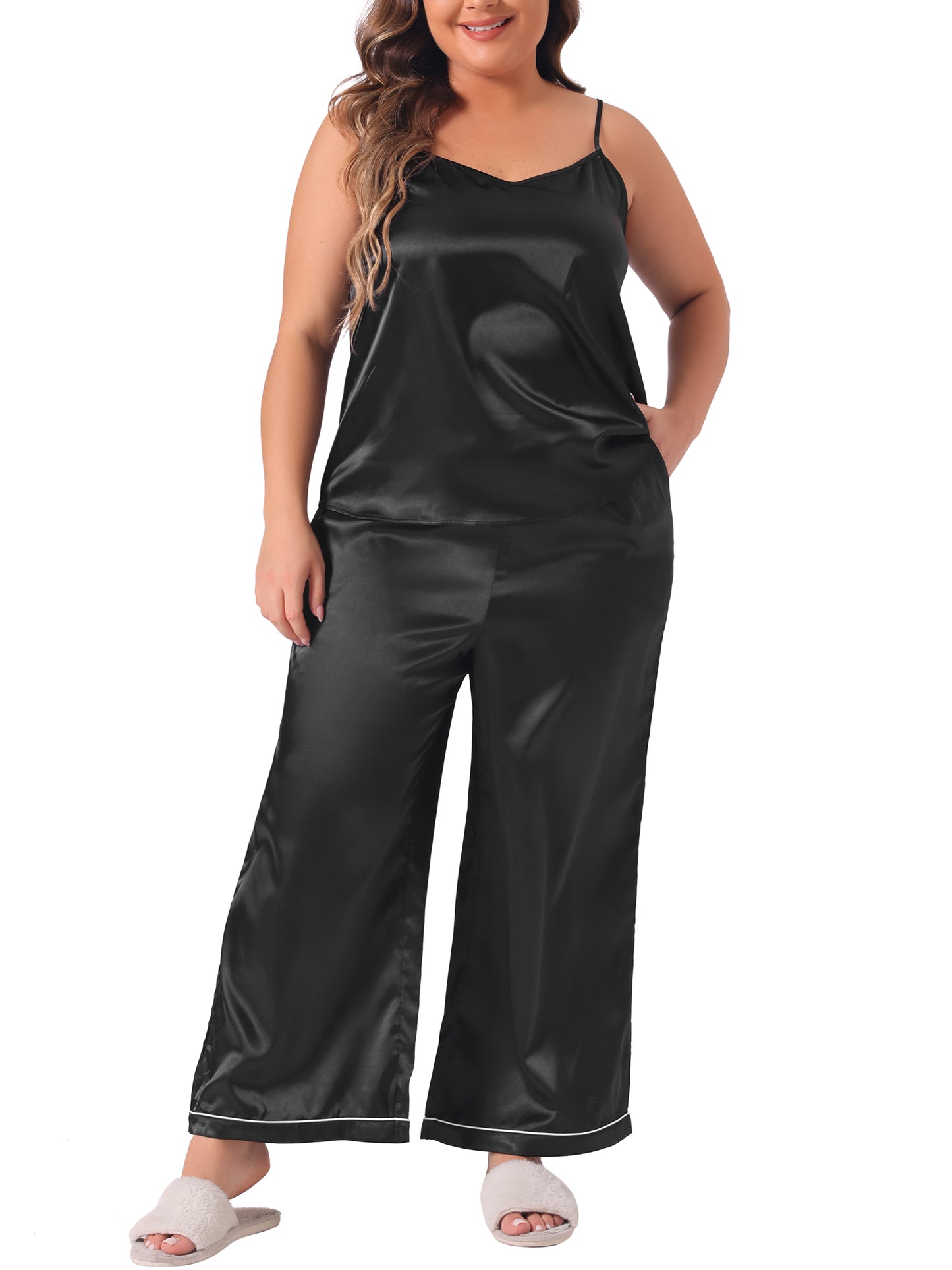 Women Plus Size Satin Pajama Sets Sleepwear 2 Piece Cami Top and Pants with Pockets
