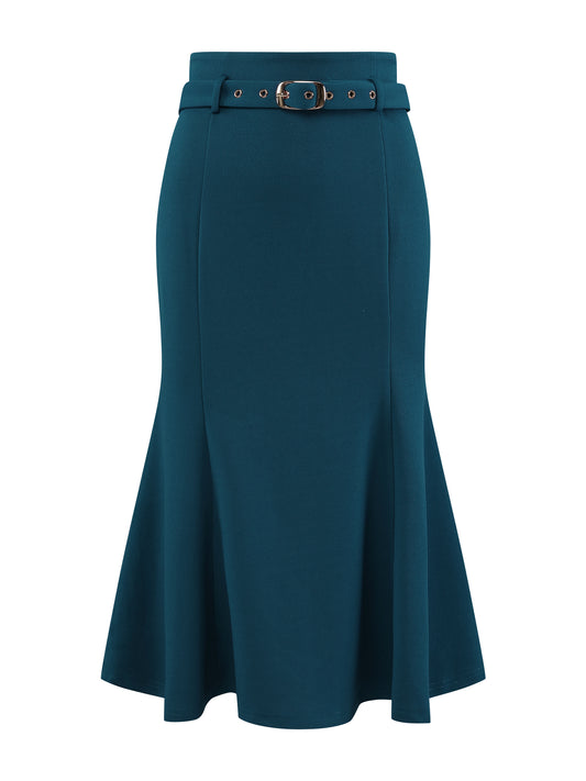 Falda elegante de cola de pez para mujer, cintura alta, con cinturón, elegante falda midi de sirena