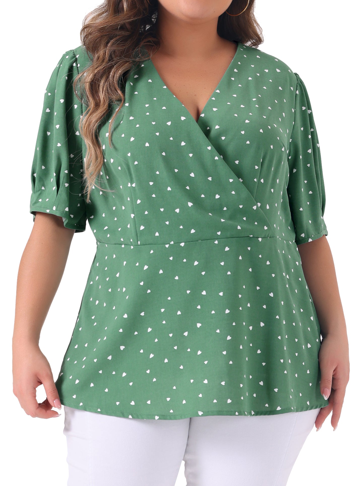 Women Plus Size Summer V Neck Wrap Short Sleeve Polka Dots Peplum Top
