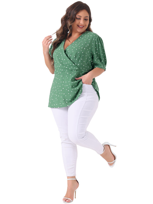 Women Plus Size Summer V Neck Wrap Short Sleeve Polka Dots Peplum Top