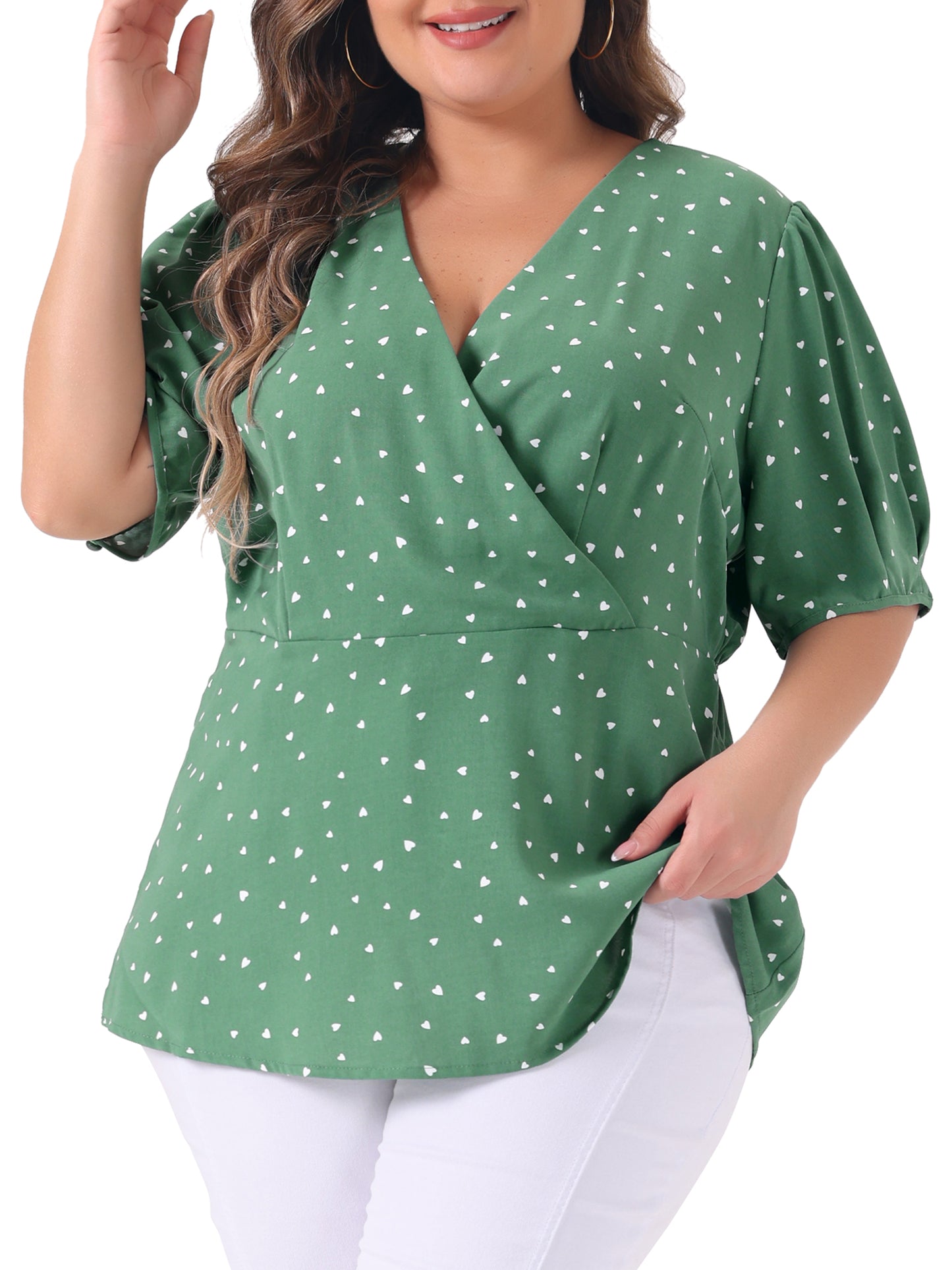 Women Plus Size Summer V Neck Wrap Short Sleeve Polka Dots Peplum Top