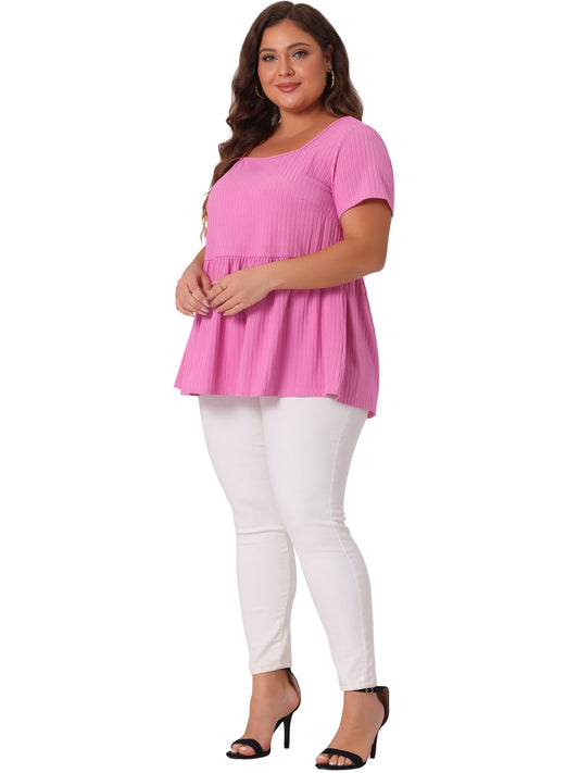 Women's Plus Size Tee Shirts Square Neck Textured Printed Peplum Summer Short Sleeve Top