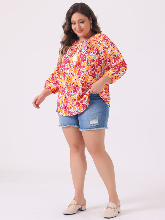 Women's Casual Plus Size Boho Floral Loose Tops Tie 3/4 Sleeve Beach Tunic Blouse