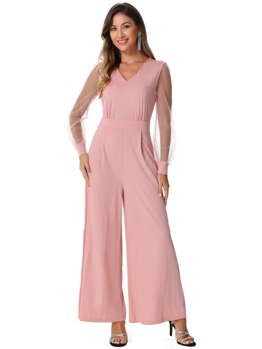 Women's Elegant V Neck Mesh Long Sleeve Loose Wide Leg Romper Cocktail Jumpsuits