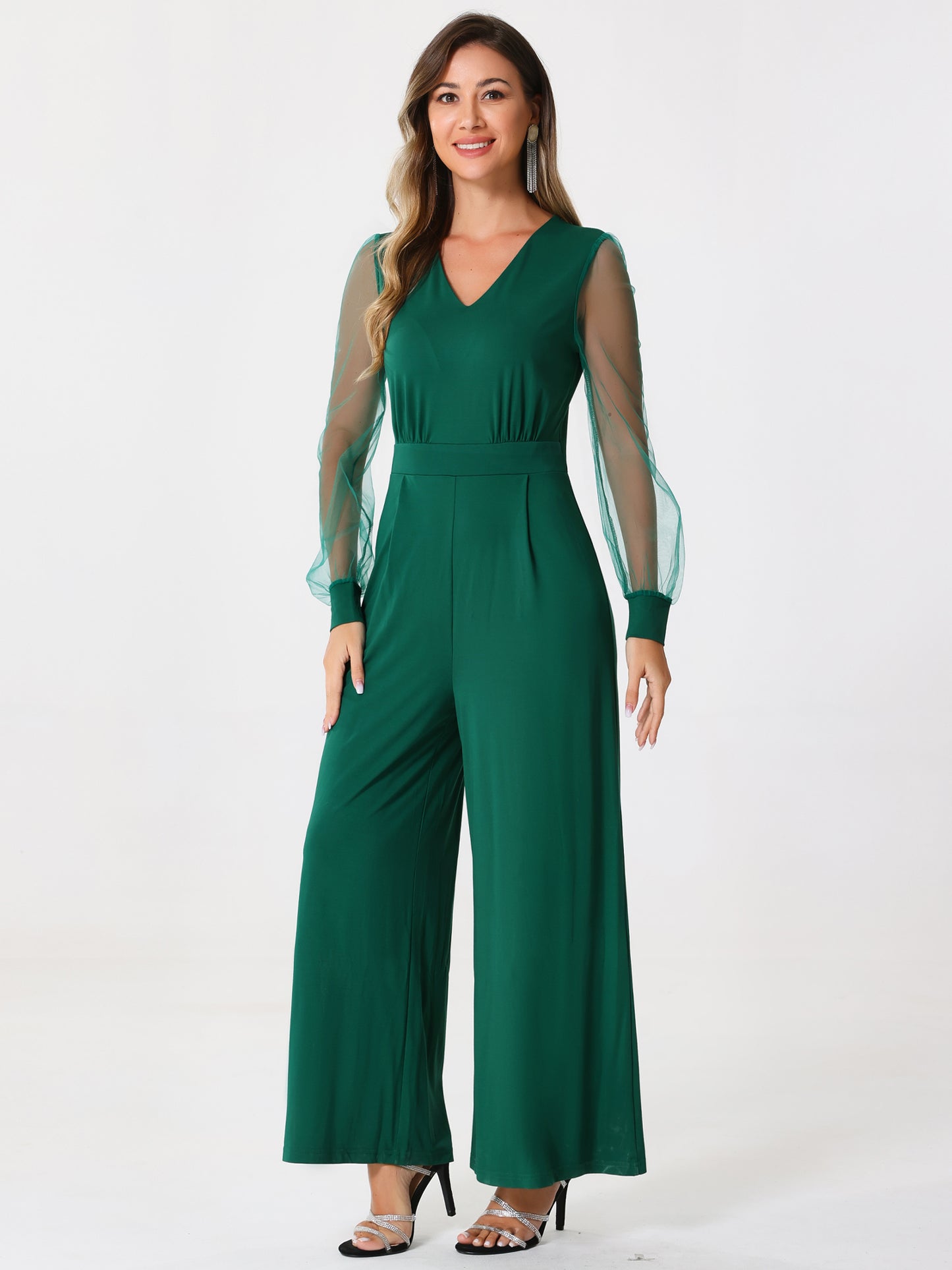 Women's Elegant V Neck Mesh Long Sleeve Loose Wide Leg Romper Cocktail Jumpsuits
