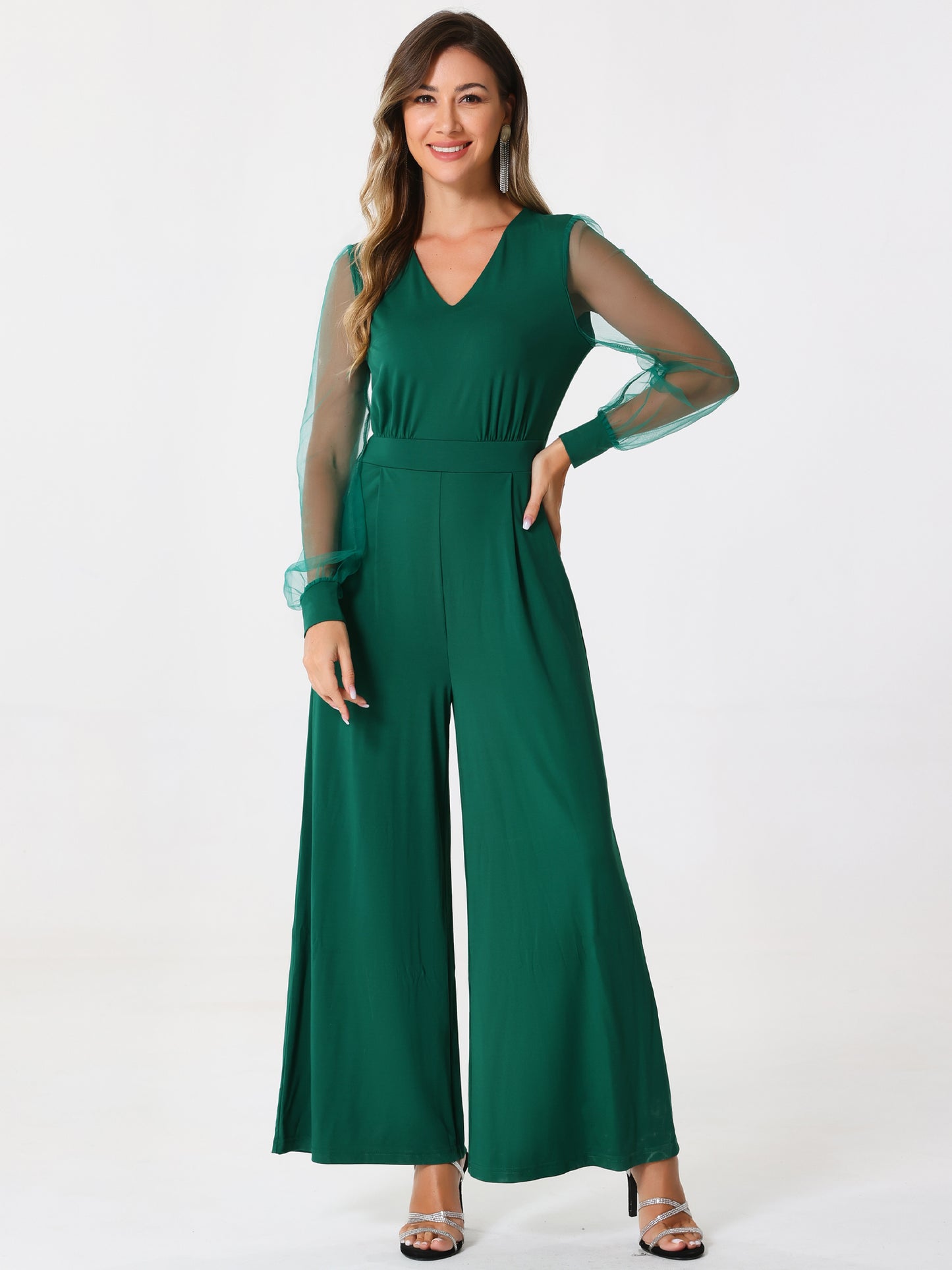 Women's Elegant V Neck Mesh Long Sleeve Loose Wide Leg Romper Cocktail Jumpsuits