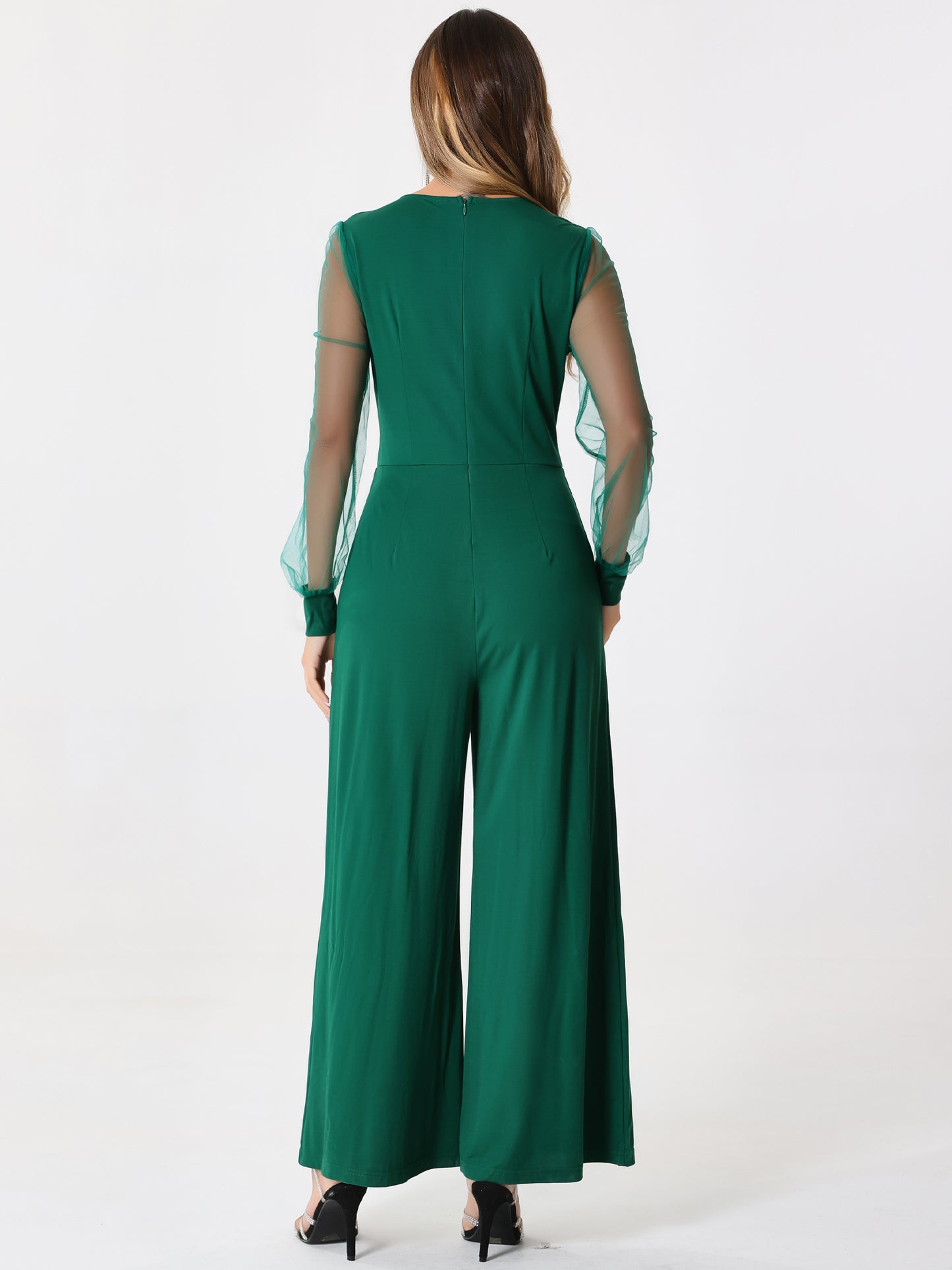 Women's Elegant V Neck Mesh Long Sleeve Loose Wide Leg Romper Cocktail Jumpsuits