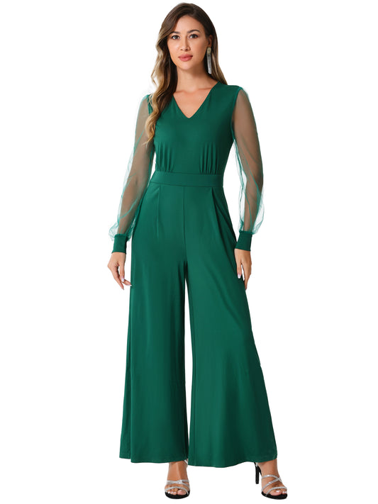 Women's Elegant V Neck Mesh Long Sleeve Loose Wide Leg Romper Cocktail Jumpsuits