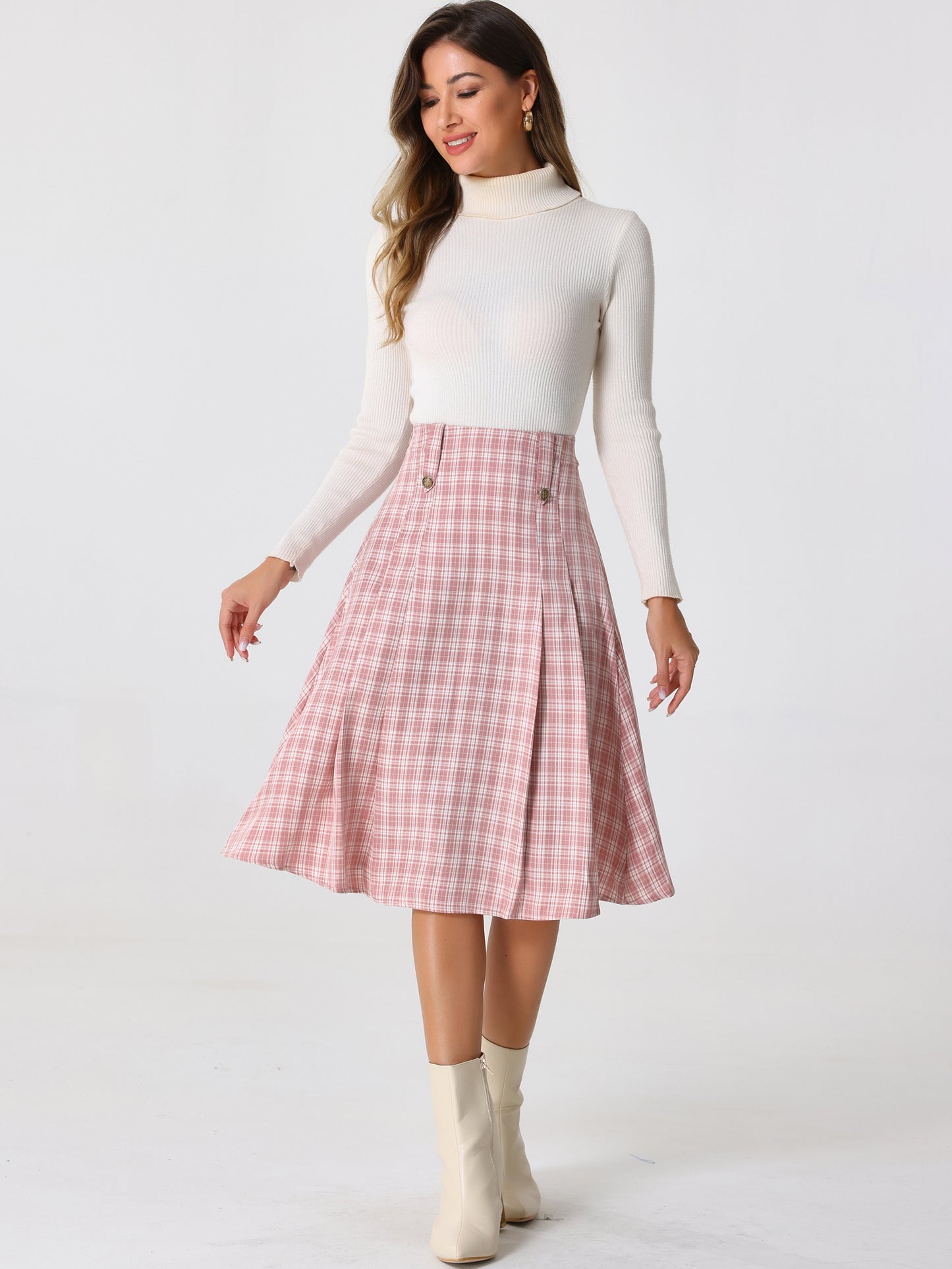 Faldas a cuadros vintage para mujer, falda midi plisada de cintura alta y corte A