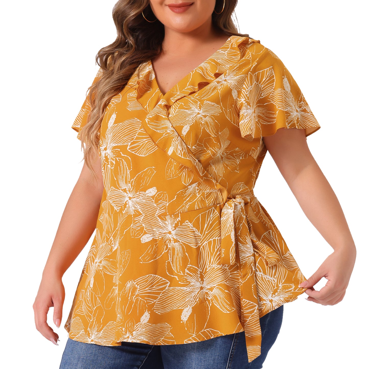Women Plus Size Wrap V Neck Tie Waist Ruffle Sleeve Blouse Summer Floral Top