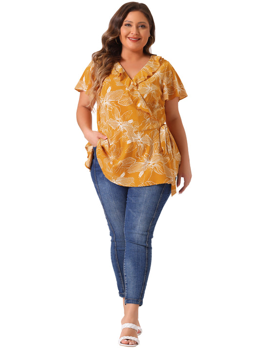 Women Plus Size Wrap V Neck Tie Waist Ruffle Sleeve Blouse Summer Floral Top