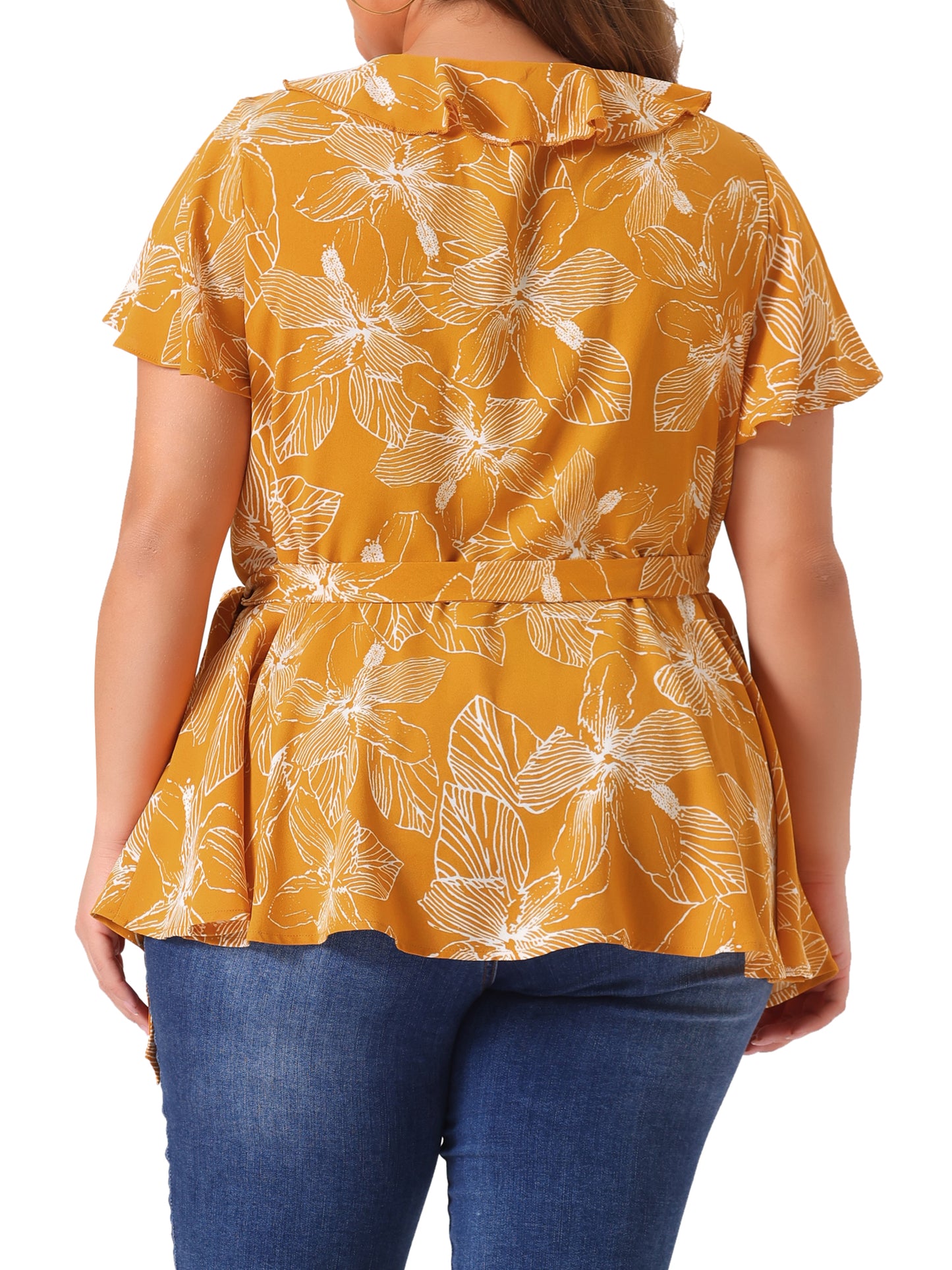 Women Plus Size Wrap V Neck Tie Waist Ruffle Sleeve Blouse Summer Floral Top