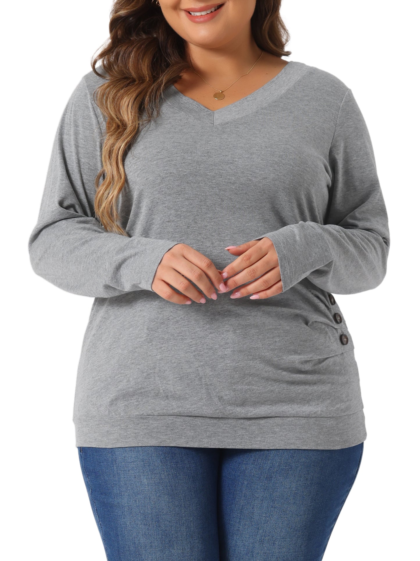 Women Plus Size Tunic Tops V Neck Long Sleeve Buttons Decor Ruched Casual Pullover