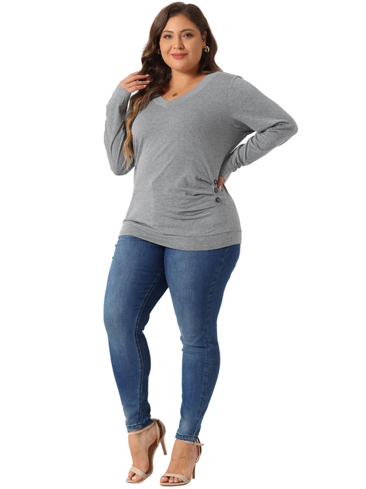 Women Plus Size Tunic Tops V Neck Long Sleeve Buttons Decor Ruched Casual Pullover