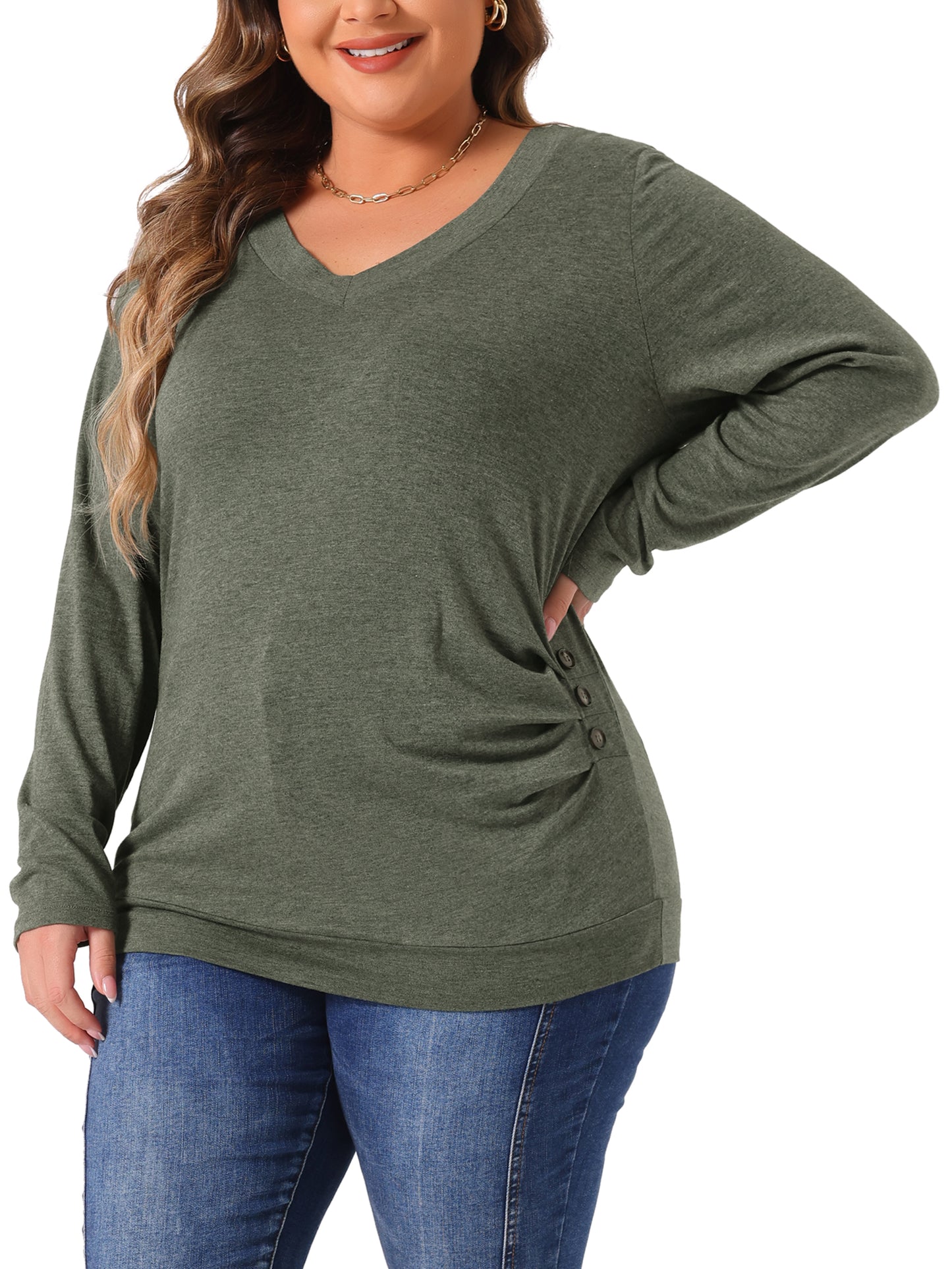 Women Plus Size Tunic Tops V Neck Long Sleeve Buttons Decor Ruched Casual Pullover