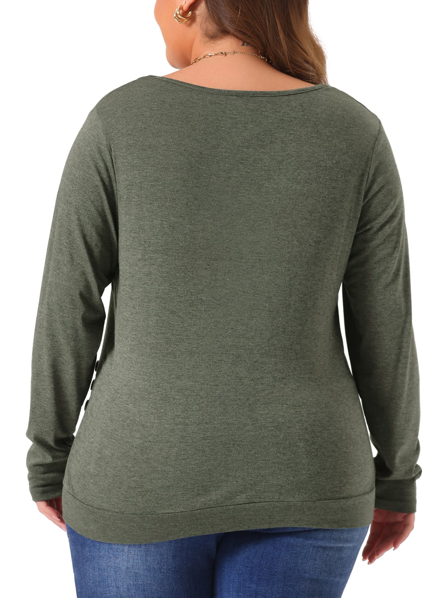 Women Plus Size Tunic Tops V Neck Long Sleeve Buttons Decor Ruched Casual Pullover